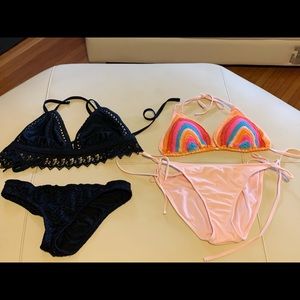 2 bikinis sz L crochet lace black peach pink